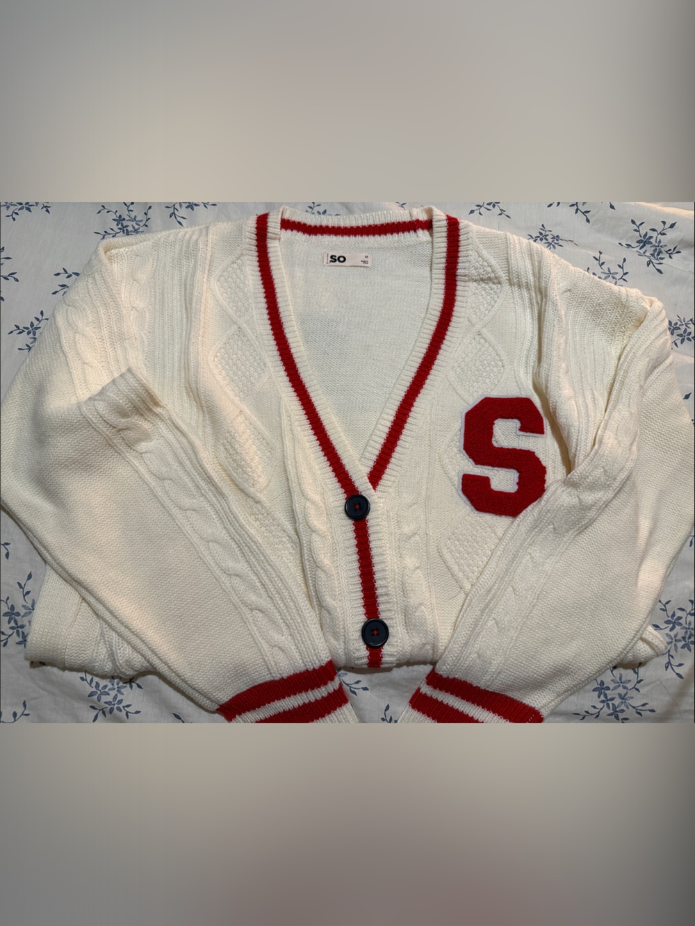 SO Cream Cable-Knit Cardigan with Red Varsity Trim